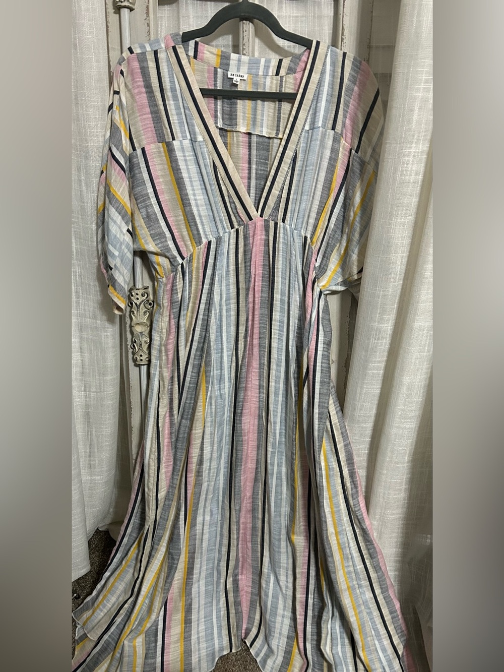 ENCREME Stripe V-Neck Maxi Dress Pastel Pink Yellow stripe vacation cruise large - Picture 2 of 7